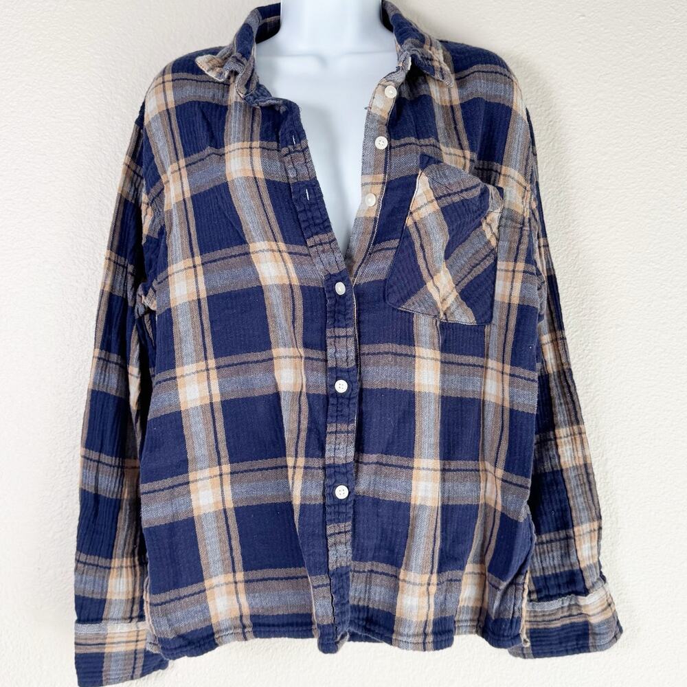 aerie | blue & cream oversized striped women's button up long sleeve top sz S